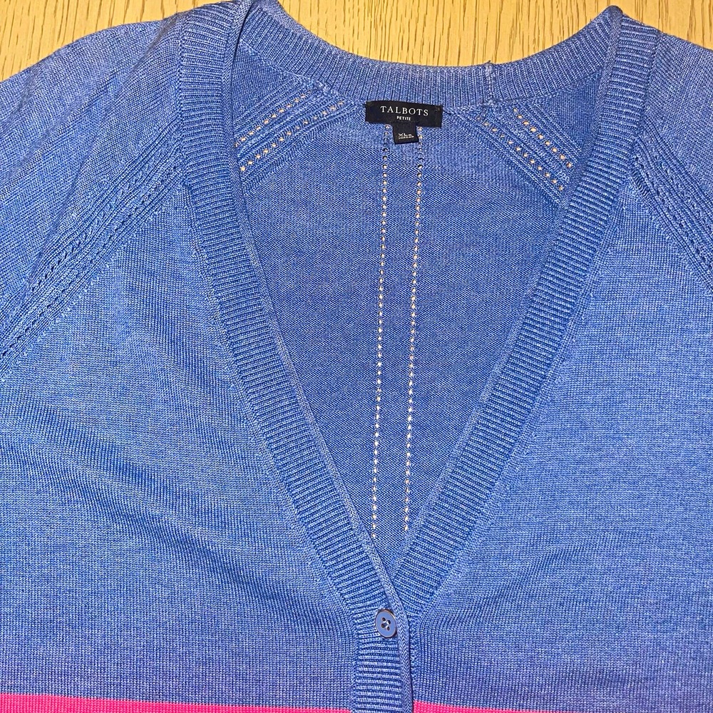 Talbots Womens XL Blue Multicolor Striped V-Neck Knit Button Cardigan Sweater
